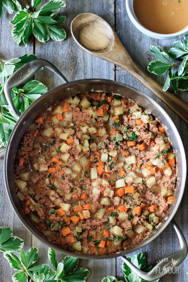 corned beef pie filling in a Dutch oven