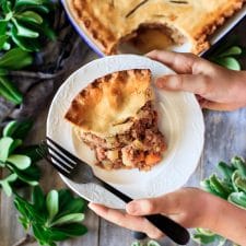 person holding a plate of corned beef pie