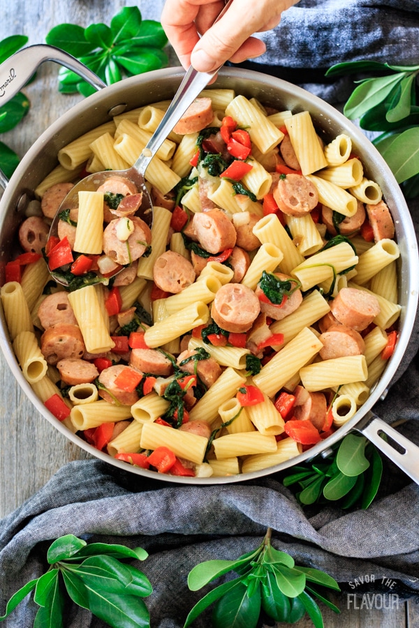 Pear, Gouda, and Chicken Sausage Rigatoni with Spinach - Savor the Flavour