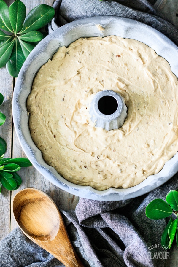 maple walnut bundt cake batter in the pan