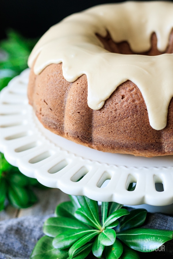 maple walnut bundt cake on a cake stand