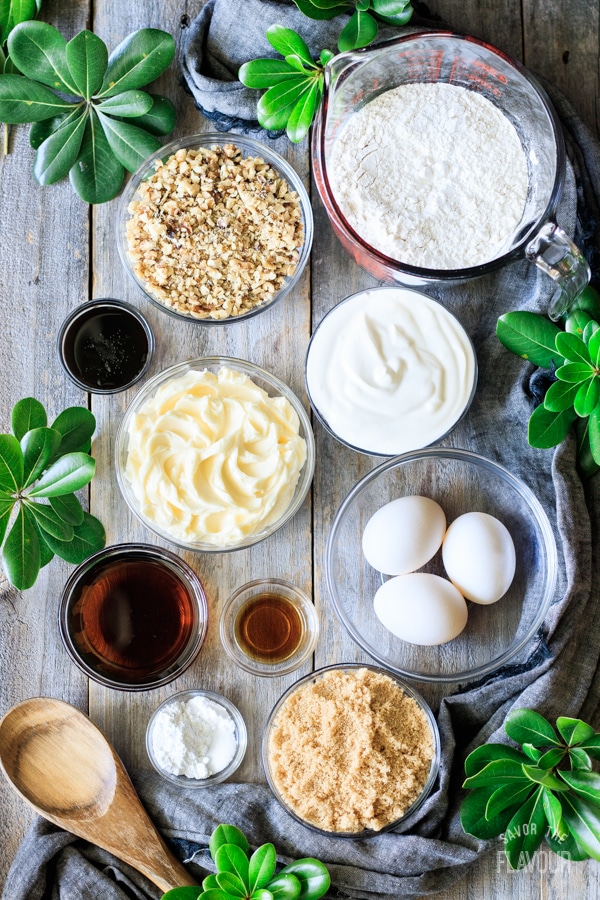 ingredients for maple walnut bundt cake batter