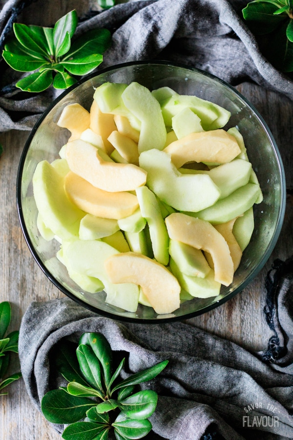 apple slices in a bowl for fried apples