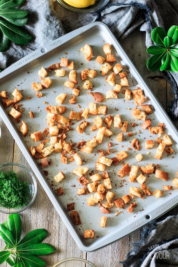 croutons on a cookie sheet for Greek lemon chicken soup