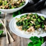 chicken and broccoli stir fry on a plate