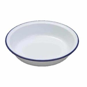 blue and white enamel pie dish