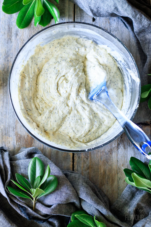 lemon poppy seed cake batter in a bowl