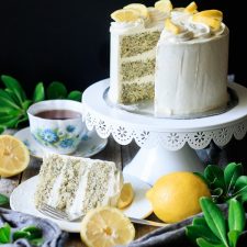 slice of lemon poppy seed cake with the cake