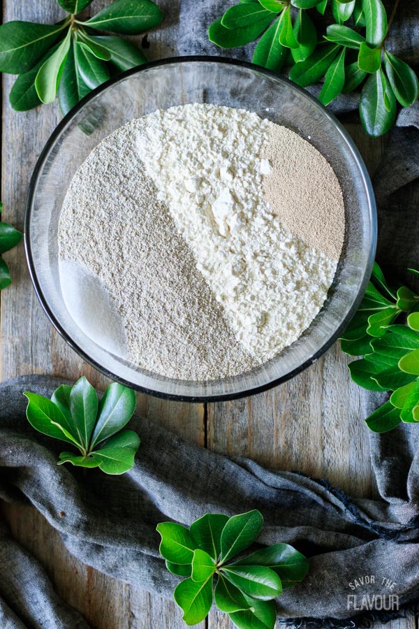 flour, salt, and yeast in a bowl