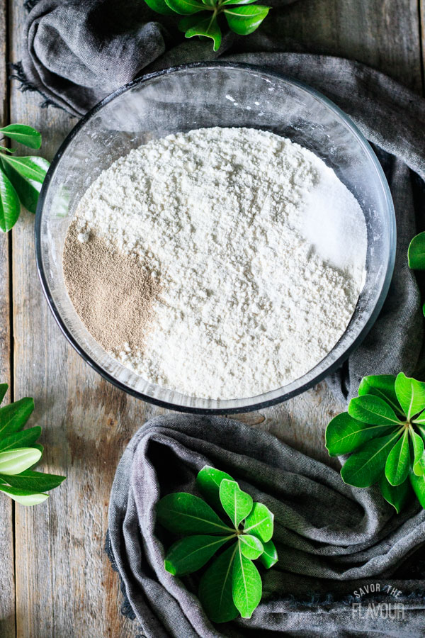 bowl of flour with salt and yeast