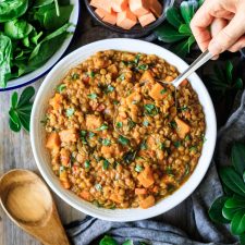 person holding a spoonful of Moroccan lentil stew