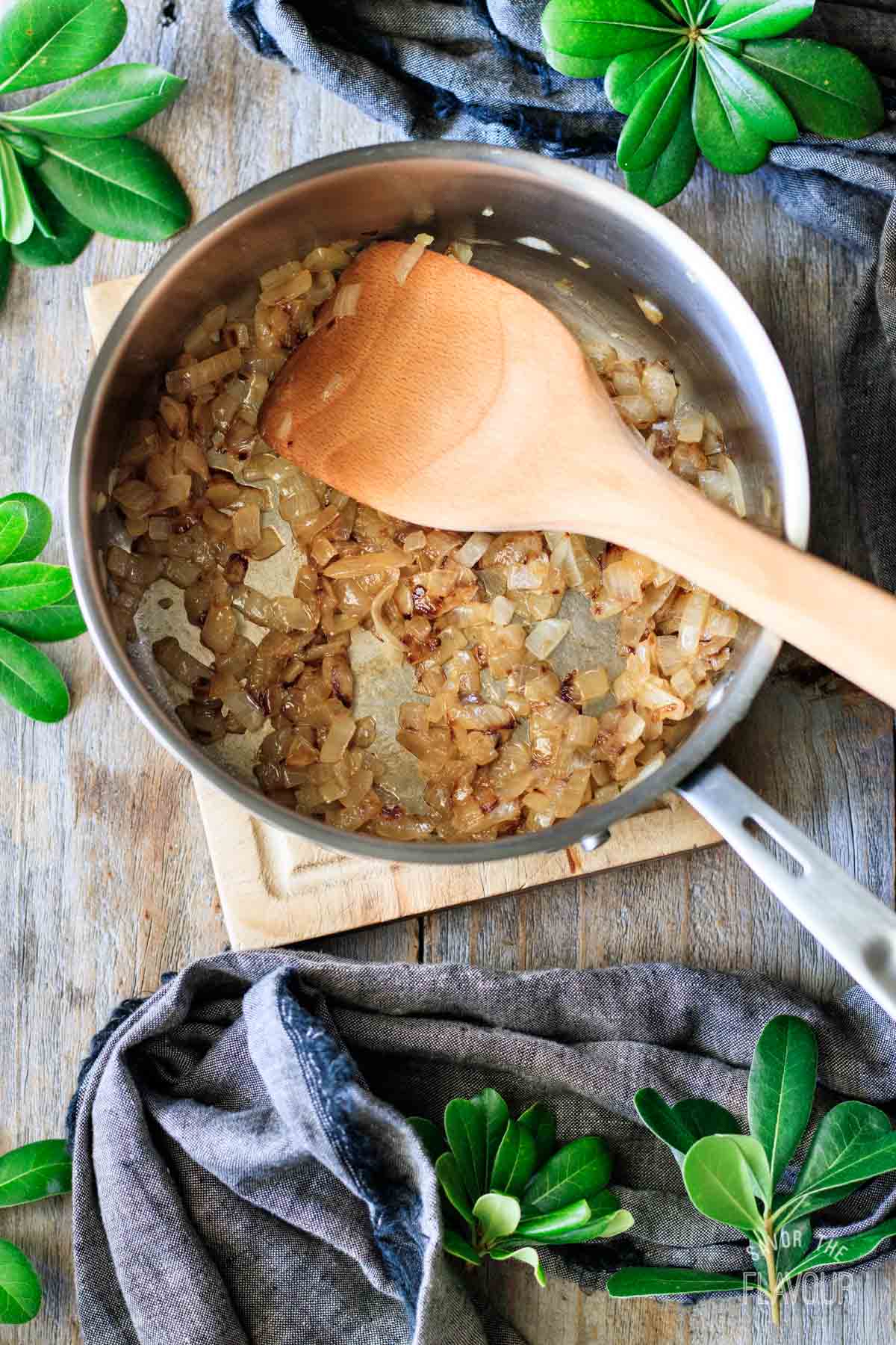 sauteed onions in a saucepan