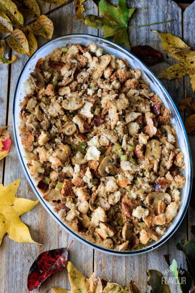 turkey stuffing in a glass casserole dish