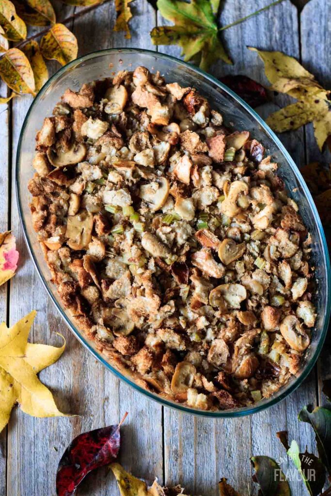 baked pan of turkey stuffing