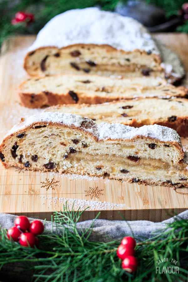 slices of German stollen with the loaf