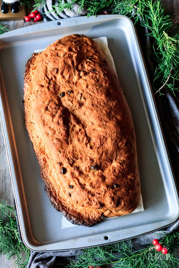 baked stollen on the cookie sheet