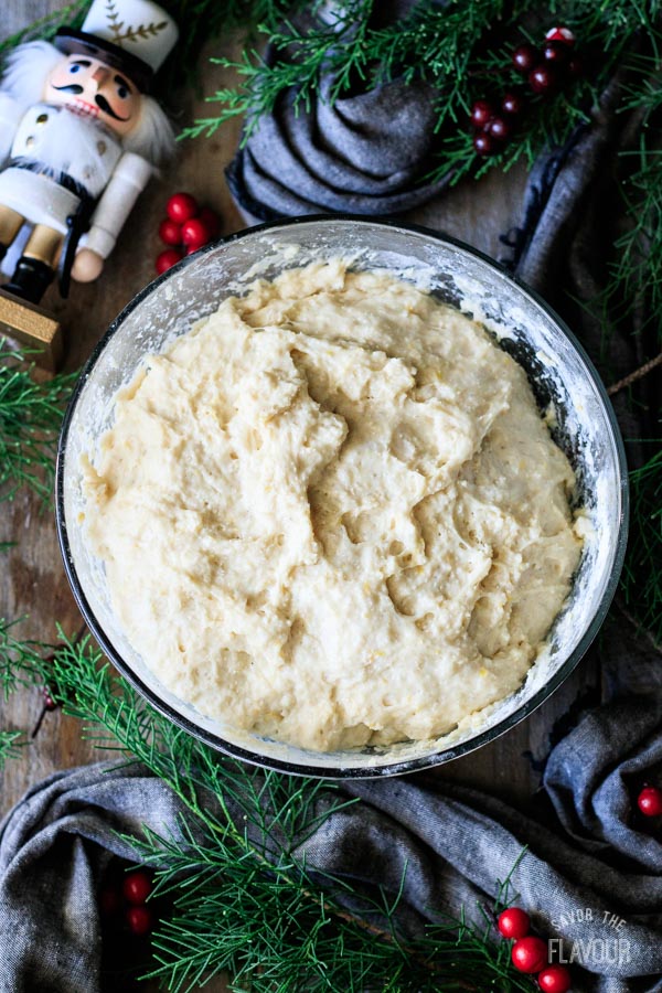 proved bowl of stollen dough