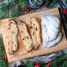 slices of German stollen on a cutting board