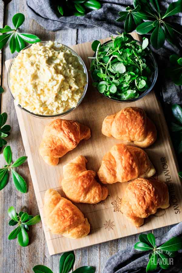 mini croissants with egg salad and watercress
