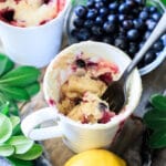 lemon blueberry mug cake with a fork