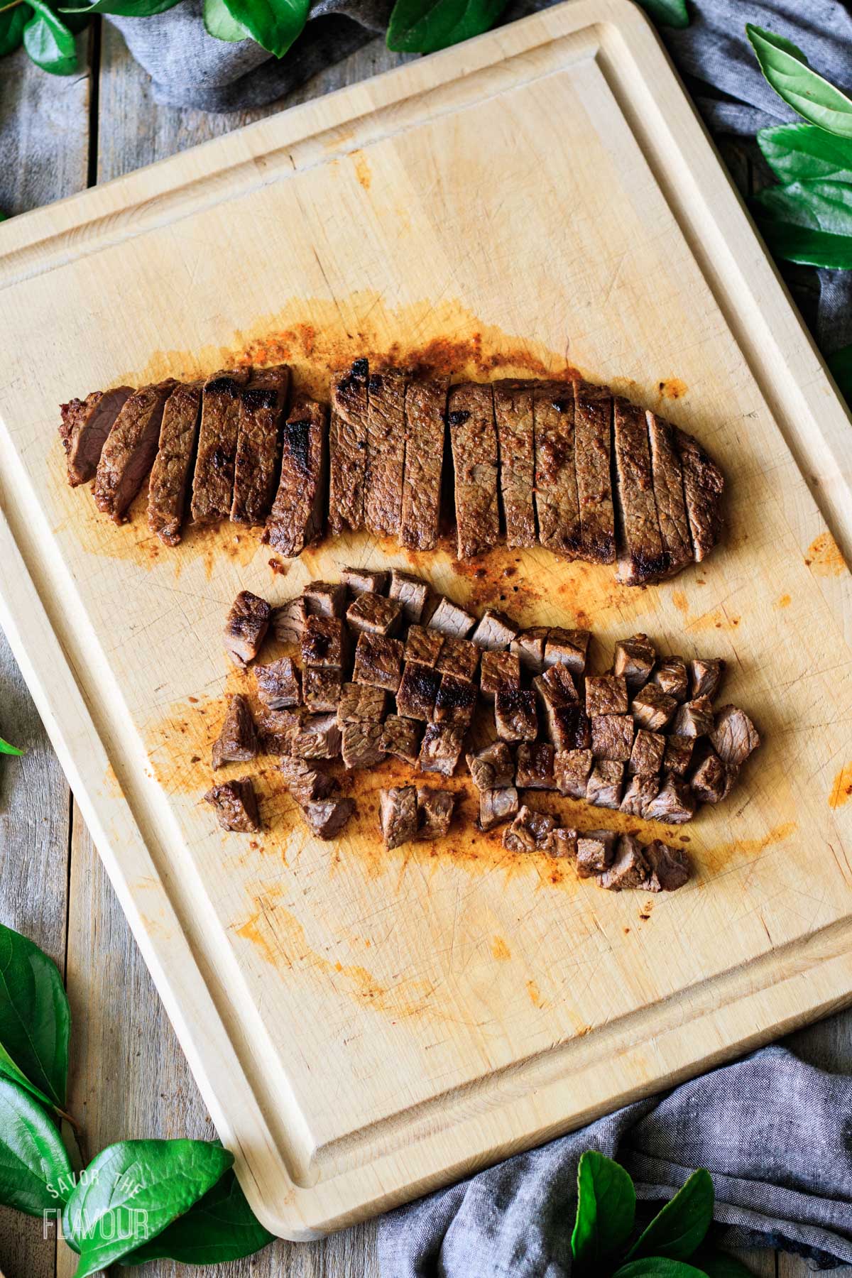 cutting Chipotle steak into bite-sized pieces