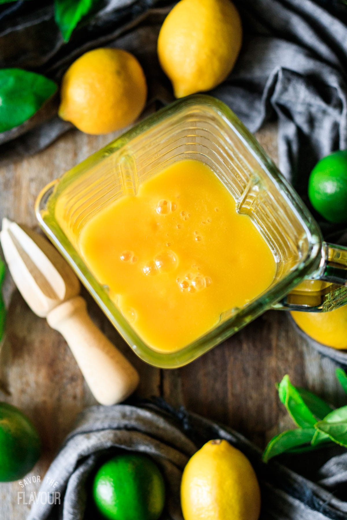 pureed mango and lemon juice in a blender