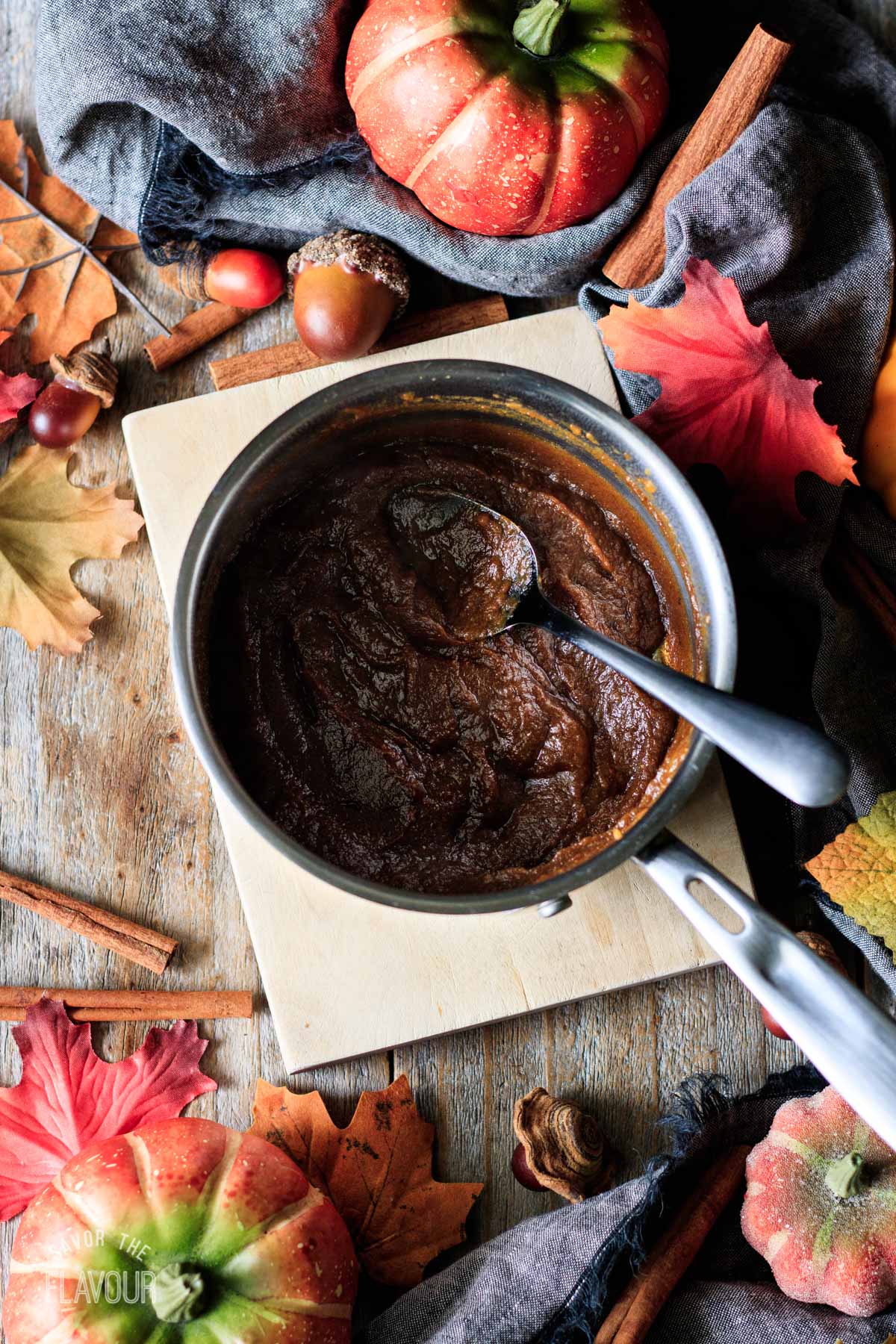 cooked pumpkin mixture in a small saucepan