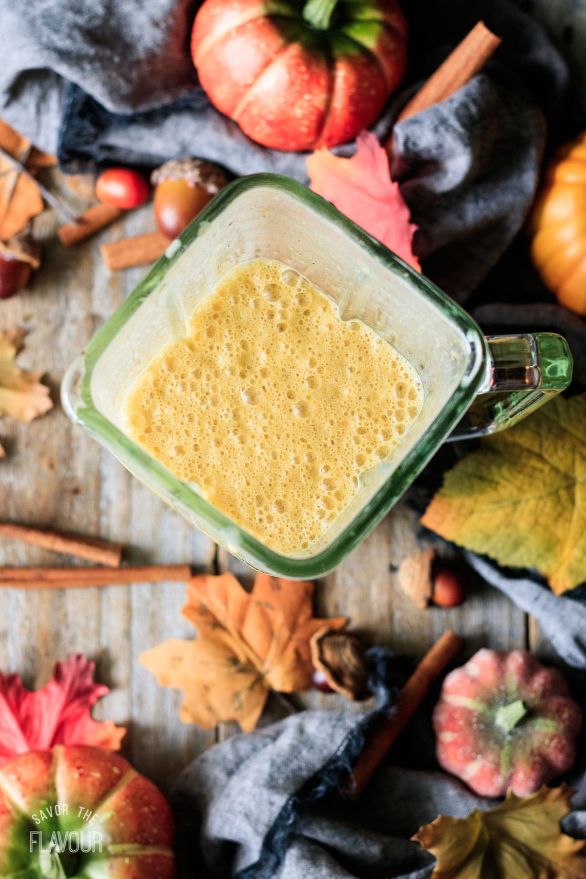 frothed pumpkin milk in a blender