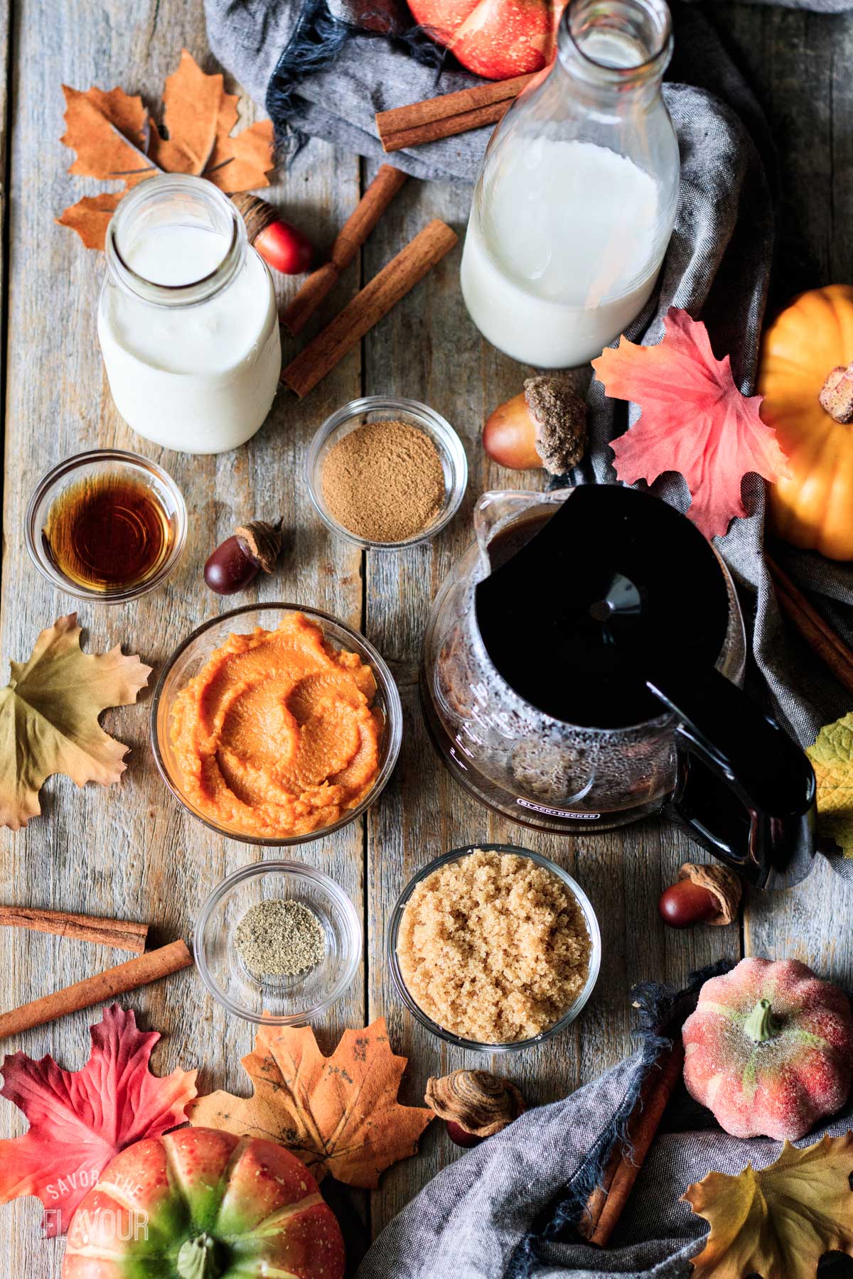 bowls of ingredients for pumpkin spice latte