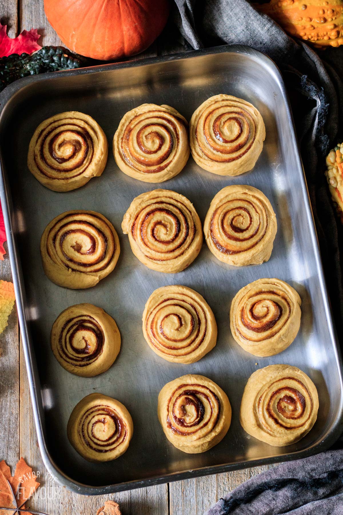 vegan pumpkin cinnamon rolls in a pan before rising