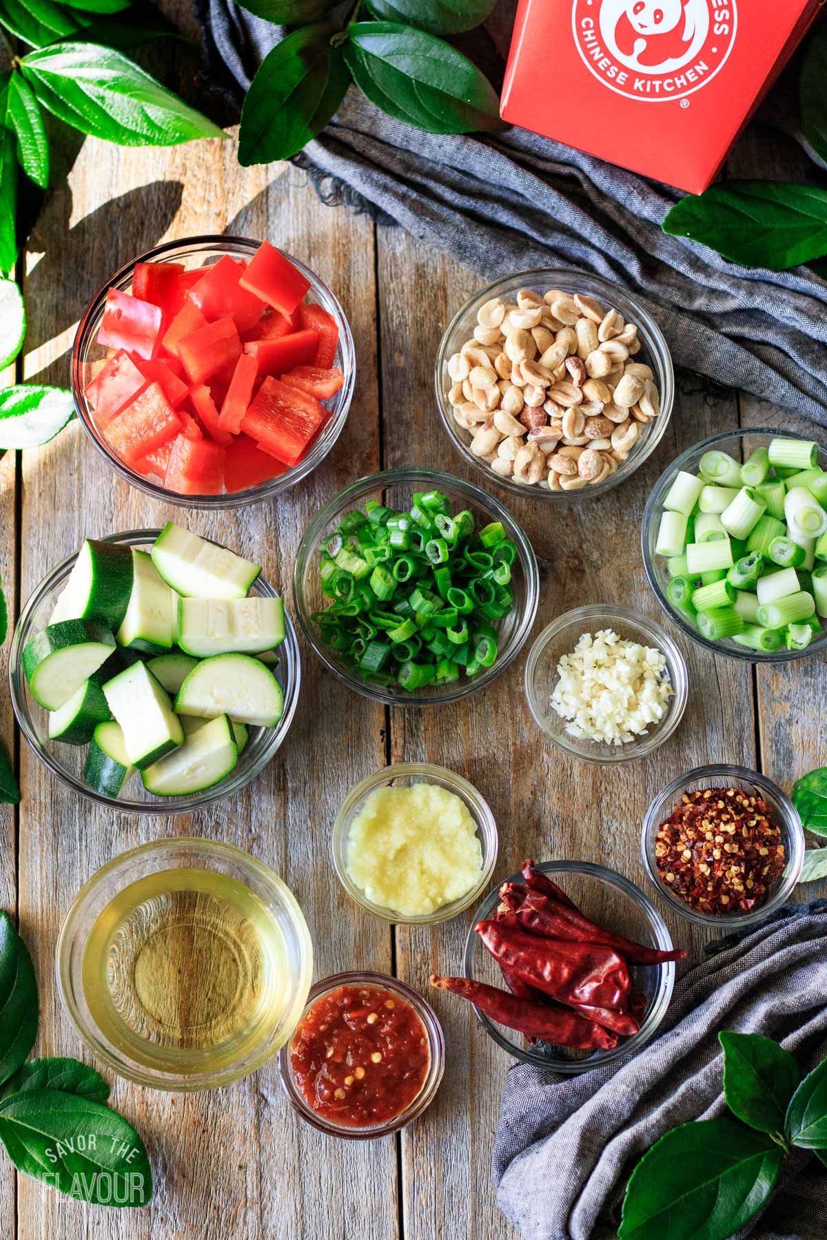 bowls of ingredients for Kung Pao chicken