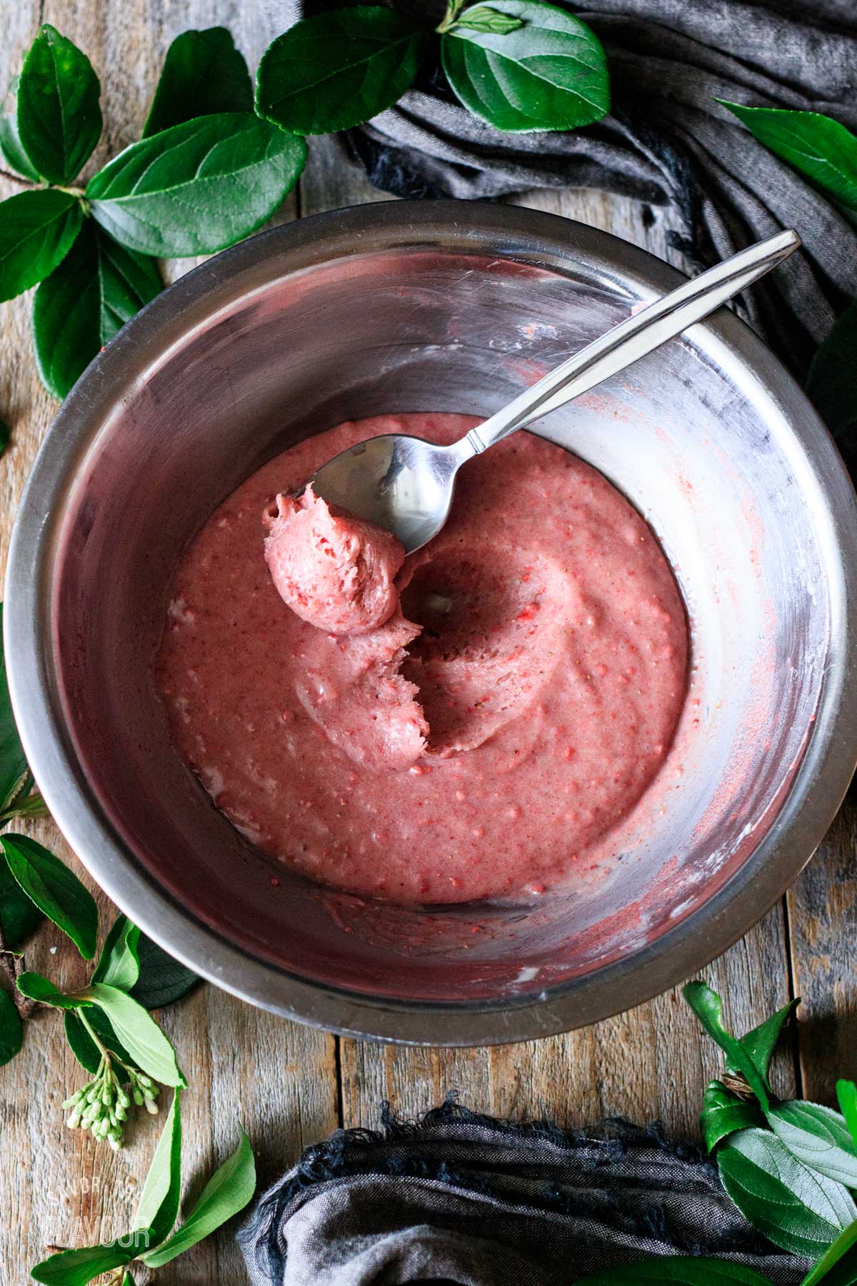 chilled strawberry ganache with a spoon