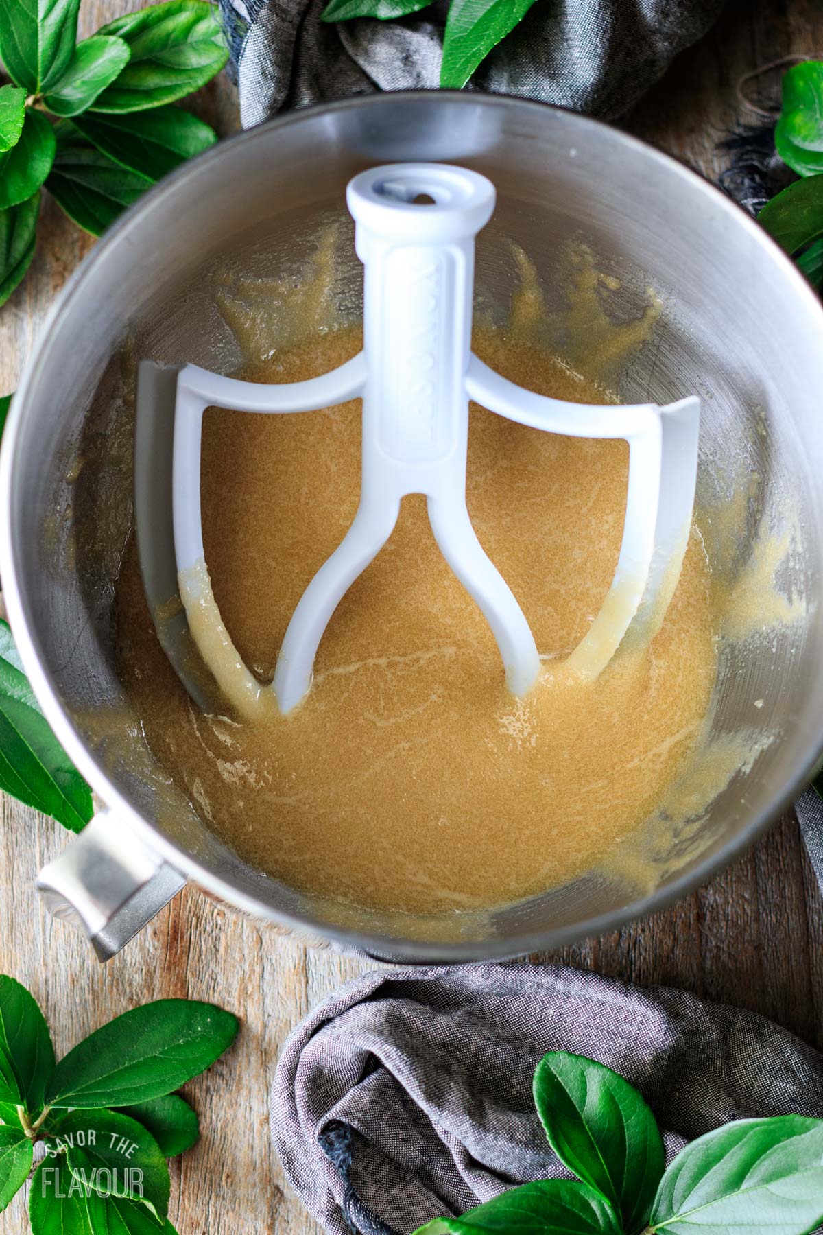 melted butter and sugar mixture in a mixing bowl