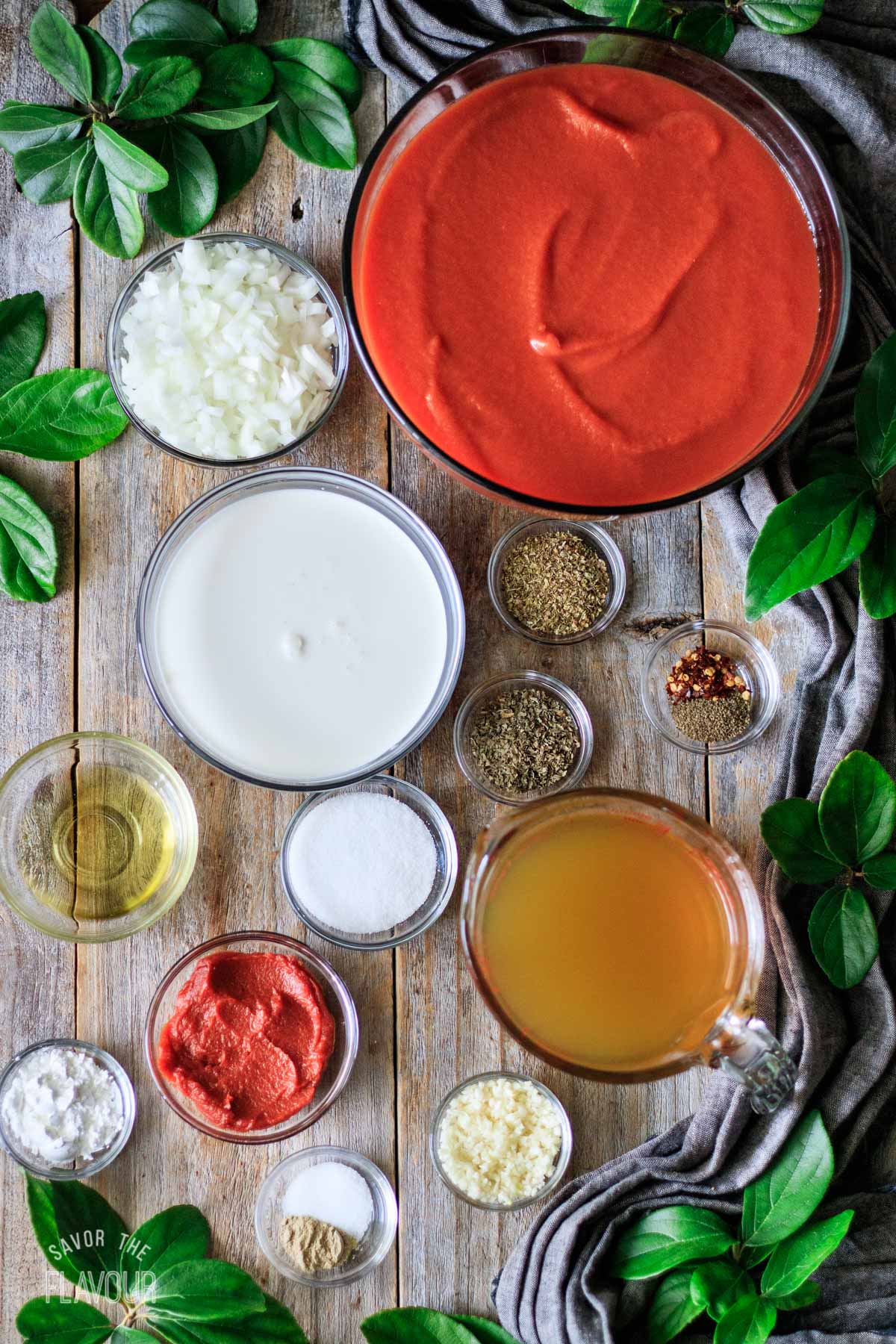 glass bowls of ingredients for Panera tomato soup