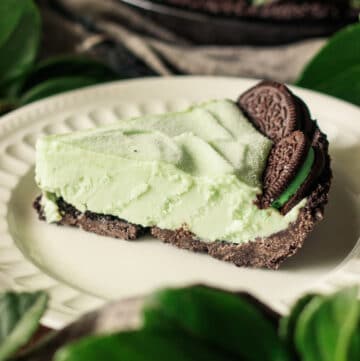 slice of grasshopper pie on a white plate