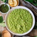bowl of mushy peas with toppings