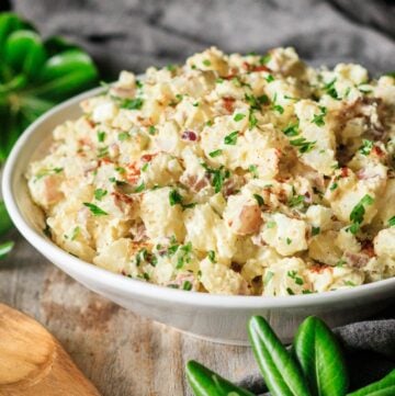 white bowl filled with potato salad