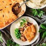 slice of steak and ale pie on a white plate