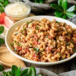 bowl of American goulash with a wooden spoon