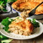 person holding a forkful of chicken and leek pie