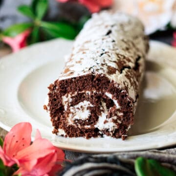 chocolate roulade on a white plate