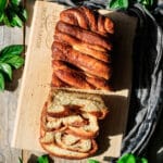 sliced cinnamon babka on a cutting board