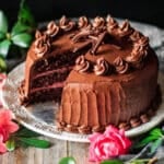 sour cream chocolate cake with a slice taken out