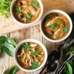 three white bowls of cock-a-leekie soup