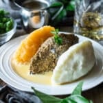plate of veggie haggis, neeps, and tatties