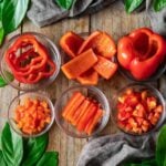 six bowls of bell peppers cut in different ways.