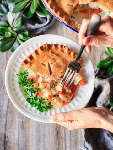 holding a plate of Woolton pie with a fork.