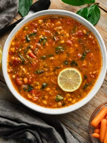 bowl of 10 vegetable soup with a lemon wheel and carrots.