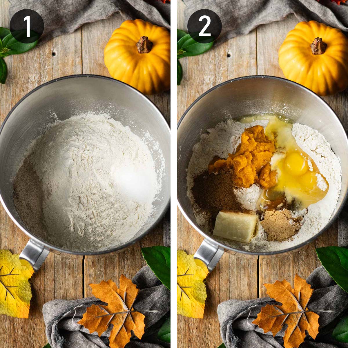 mixing dry and wet ingredients in a bowl.