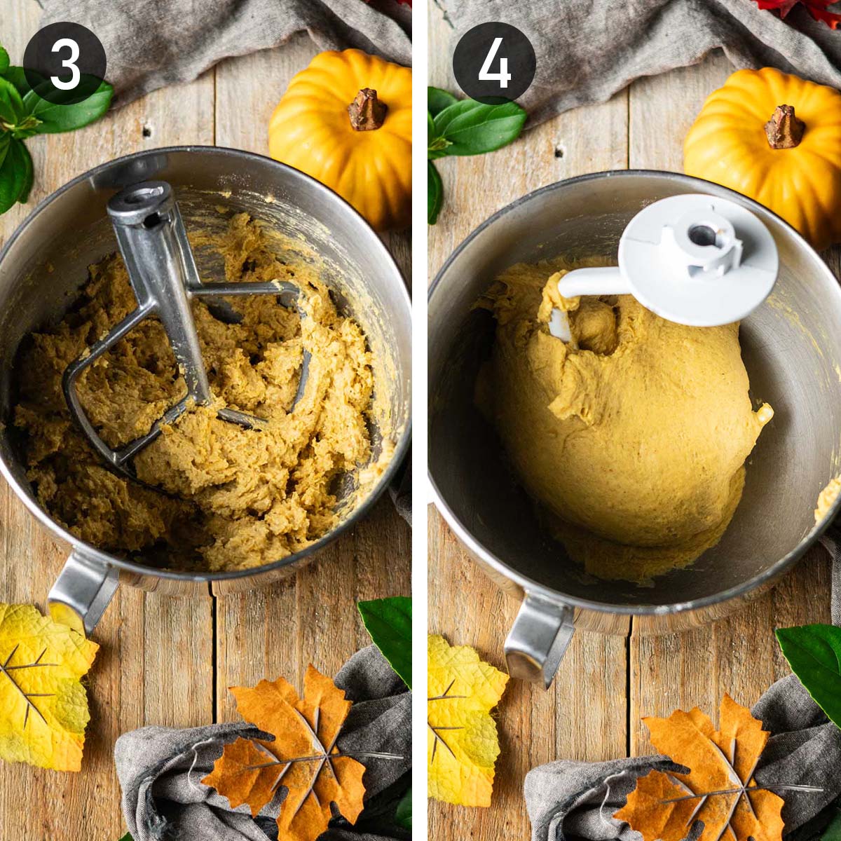 mixing and kneading the bread dough.